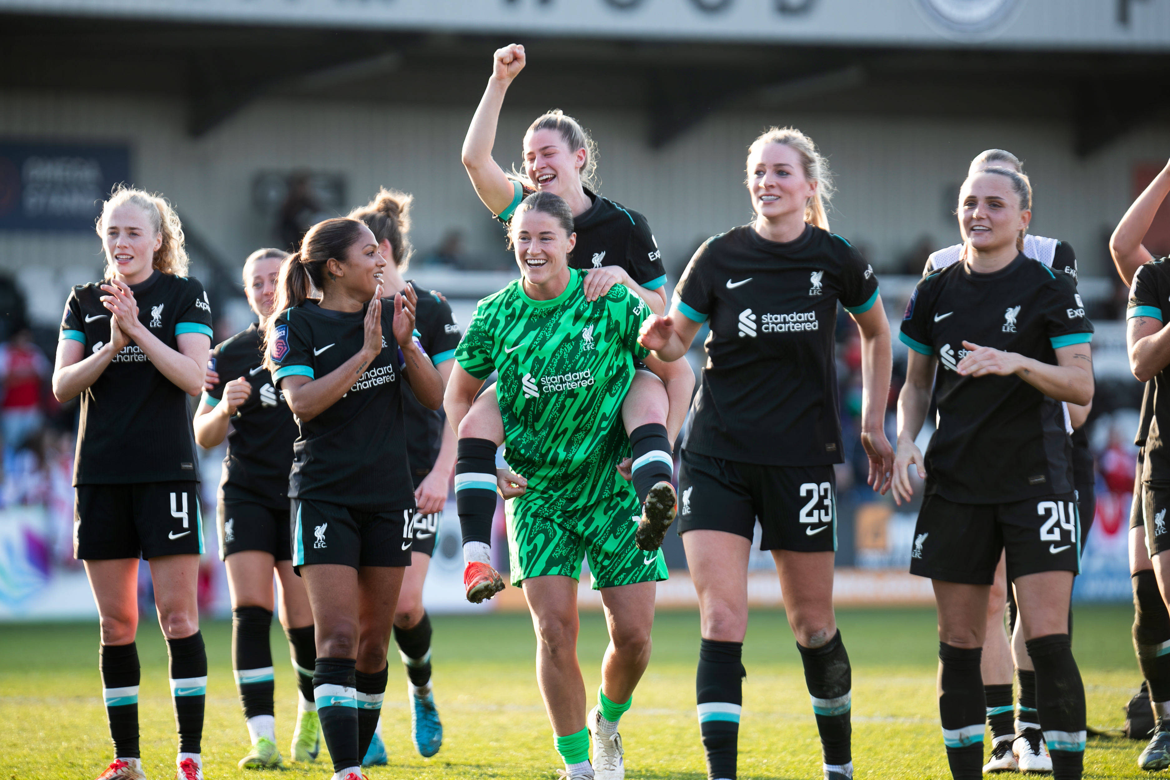 Teagan Micah of Liverpool Women and Marie Hobinger of Liverpool Women during the Adobe Women s FA Cup match between Arsenal Women and Liverpool Women at Meadow Park on March 9, 2024 in London, England London United Kingdom Copyright: xNinaxFarooqix