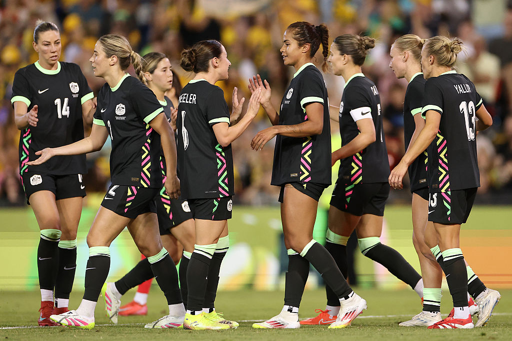NEWCASTLE, AUSTRALIA - APRIL 07: Mary Fowler of Australia celebrates scoring a goal during the International Friendly match between Australia Matildas and Korea Republic at McDonald Jones Stadium on April 07, 2025 in Newcastle, Australia. (Photo by Cameron Spencer/Getty Images)