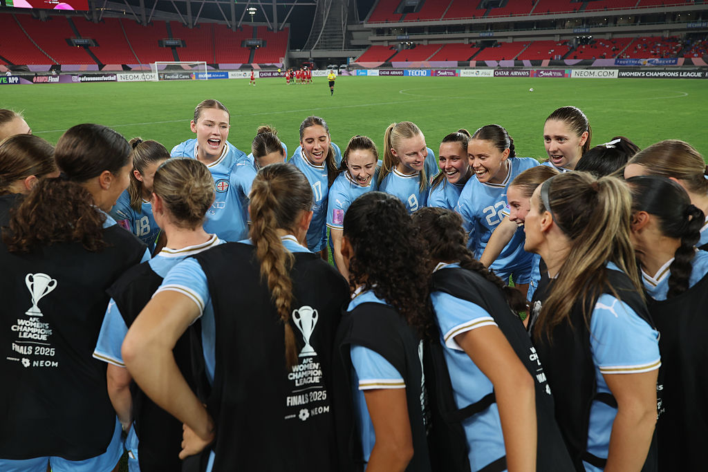 Team of Melbourne City embrace together prior to the AFC Women's Champions League semifinal match between Hyundai Steel Red Angels and Melbourne City at Wuhan Sports Center Stadium on May 21, 2025 in Wuhan, China. (Photo by Lintao Zhang/Getty Images)