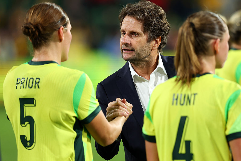 PERTH, AUSTRALIA - JUNE 26: Joe Montemurro, coach of Australia acknowledges Natasha Prior after winning the International Friendly match between Australia Matildas and Slovenia at HBF Park on June 26, 2025 in Perth, Australia. (Photo by Paul Kane/Getty Images)