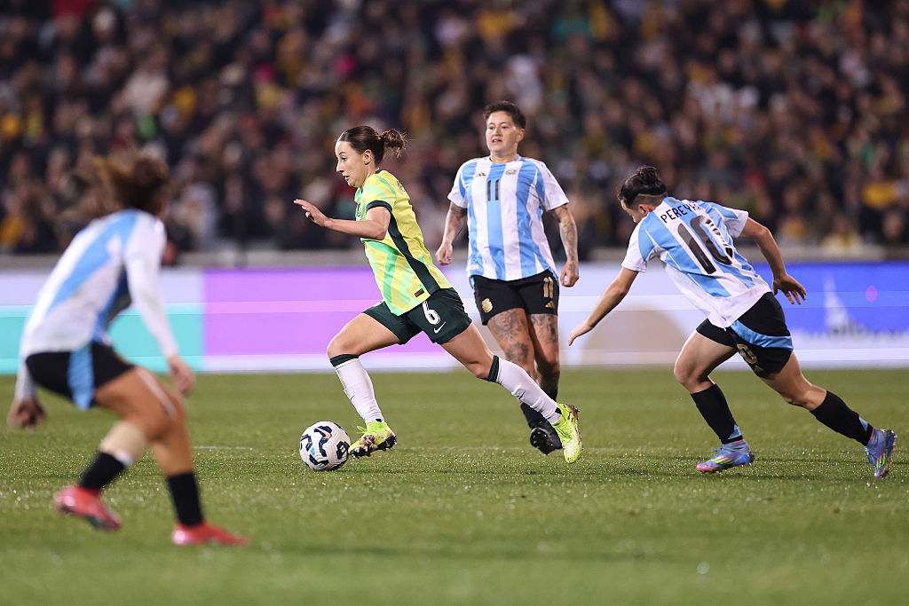 Clare Wheeler of Australia kicks the ball during the International Friendly match between Australia Matildas and Argentina at GIO Stadium on June 02, 2025 in Canberra, Australia. (Photo by Cameron Spencer/Getty Images)