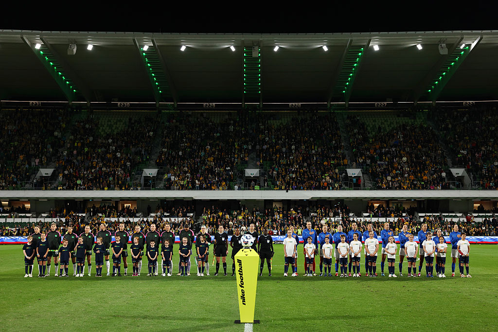 Australia and Slovenia players line up for national anthems prior to the International Friendly match between Australia Matildas and Slovenia at HBF Park on June 29, 2025 in Perth, Australia. (Photo by Paul Kane/Getty Images)