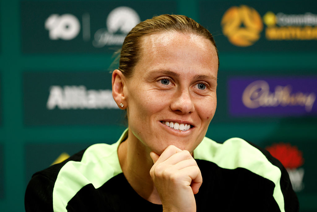  Emily van Egmond of the Matildas speaks to the media during the Matildas training session at Polytec Stadium on November 27, 2025 in Gosford, Australia. (Photo by Brendon Thorne/Getty Images)