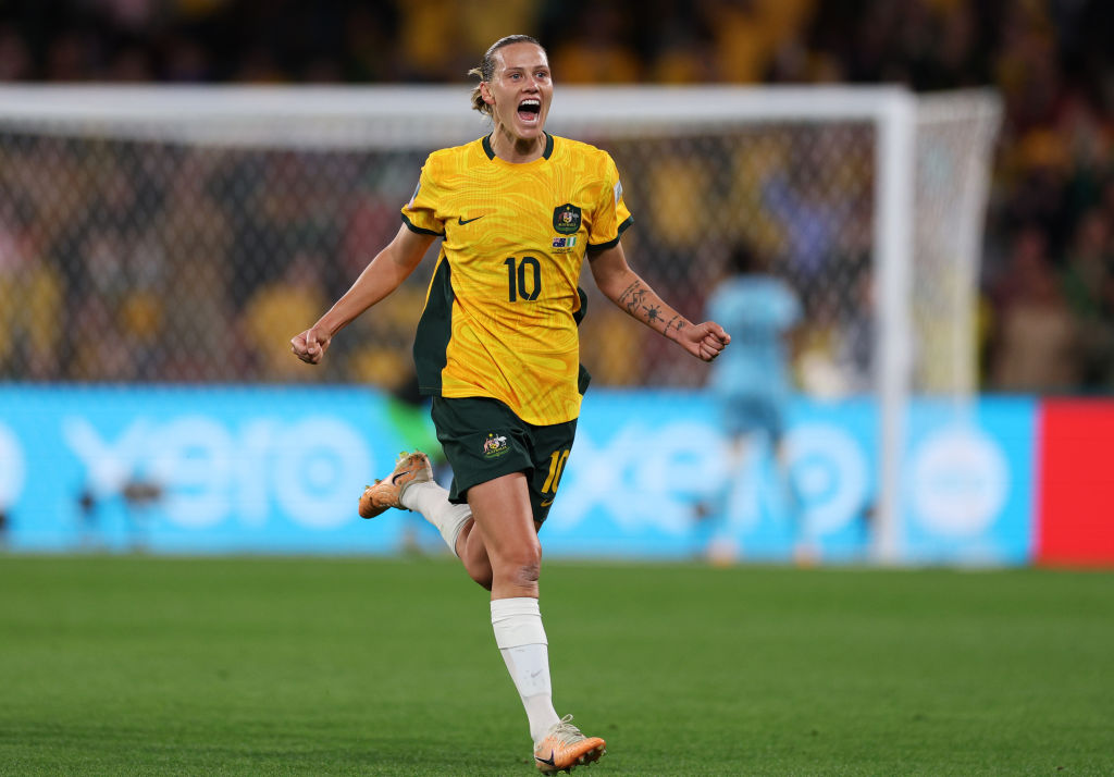 Emily Van-Egmond of Australia celebrates after scoring her team's first goal during the FIFA Women's World Cup Australia & New Zealand 2023 Group B match between Australia and Nigeria at Brisbane Stadium on July 27, 2023 in Brisbane / Meaanjin, Australia. (Photo by Elsa - FIFA/FIFA via Getty Images)