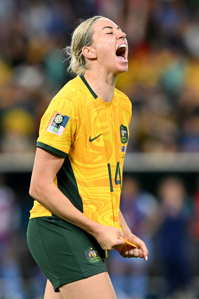 BRISBANE, AUSTRALIA - AUGUST 12: Alanna Kennedy of Australia celebrates her team's victory through the penalty shoot out during the FIFA Women's World Cup Australia & New Zealand 2023 Quarter Final match between Australia and France at Brisbane Stadium on August 12, 2023 in Brisbane, Australia. (Photo by Bradley Kanaris/Getty Images)