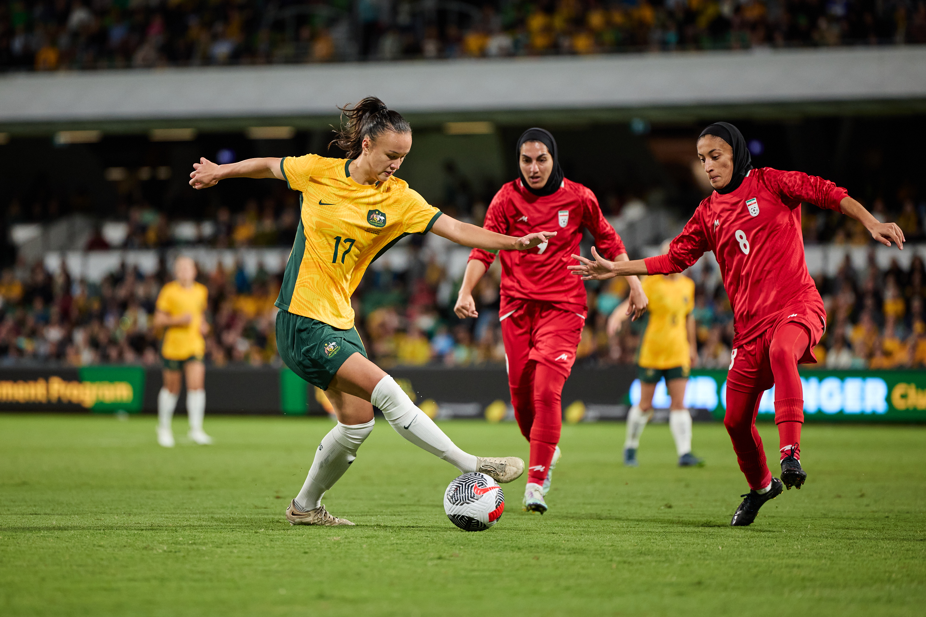 Amy Sayer during Australia's game against IR Iran during the Women's Olympic Football Tournament Paris&nbsp;2024™ Asian Qualifiers Round 2 at Perth Rectangular Stadium, Perth. (Photo: Rachel Bach/By The White Line)