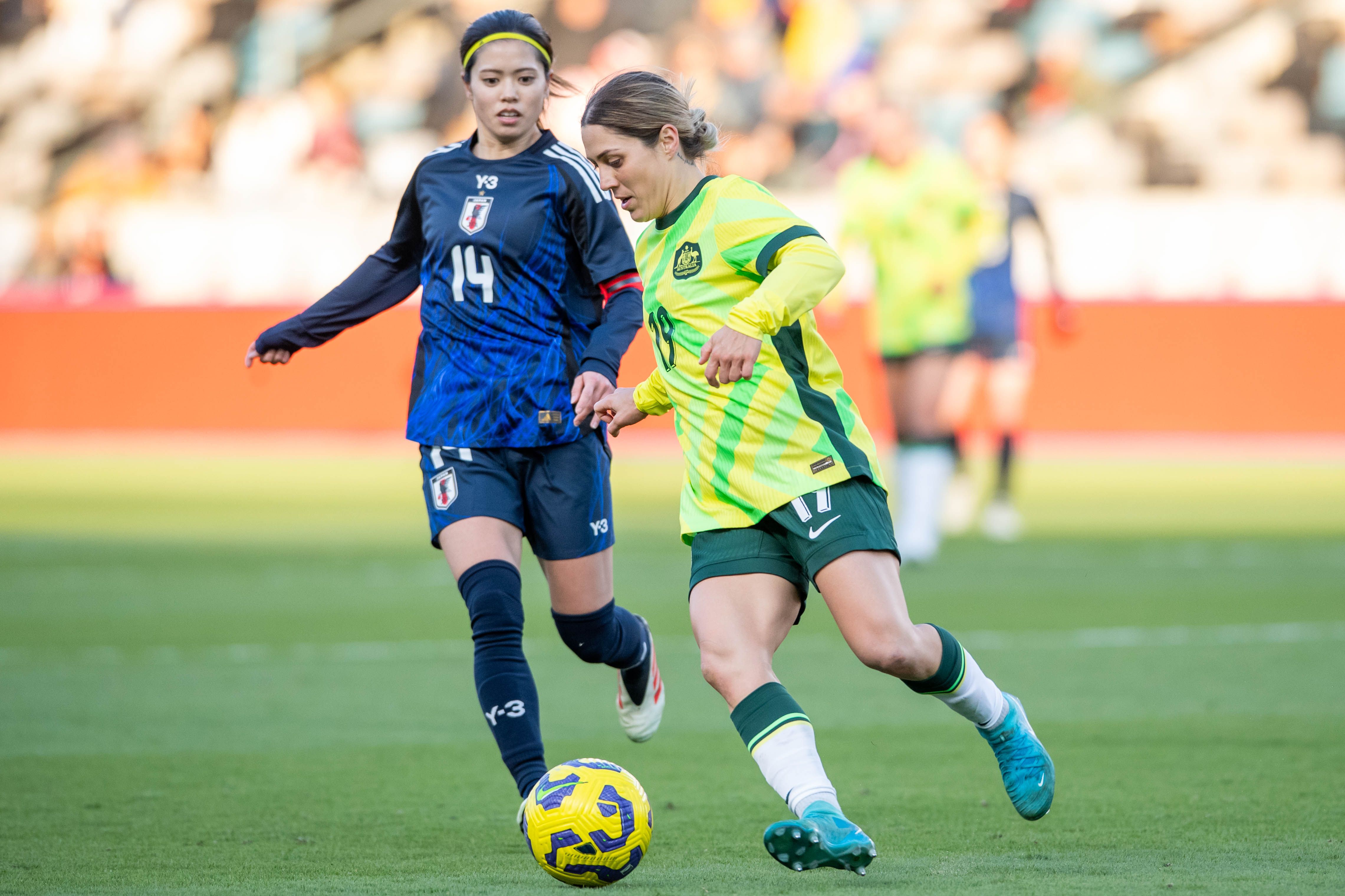 Katrina Gorry on the ball for Australia (Photo: Trask Smith/Football Australia)
