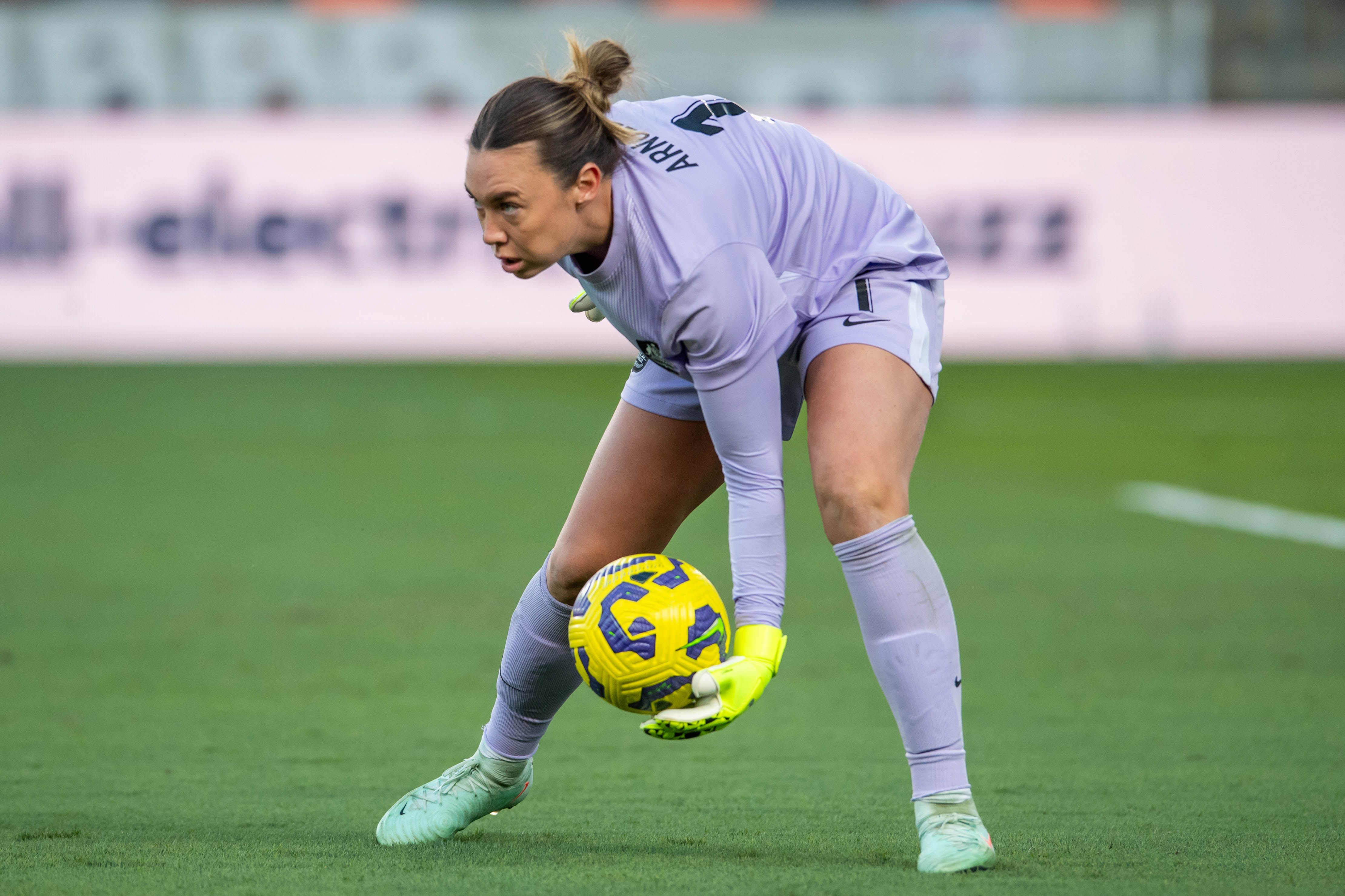 CommBank Matildas goalkeeper Mackenzie Arnold with ball in hand (Photo: Trask Smith/Football Australia)
