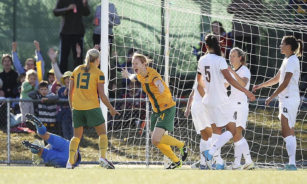CANBERRA, AUSTRALIA - JUNE 16: Clare Polkinghorne of Australia reacts after scoring a goal during the Women's International match between the Australian Matildas and the New Zealand Football Ferns at McKellar Park on June 16, 2013 in Canberra, Australia. (Photo by Stefan Postles/Getty Images)