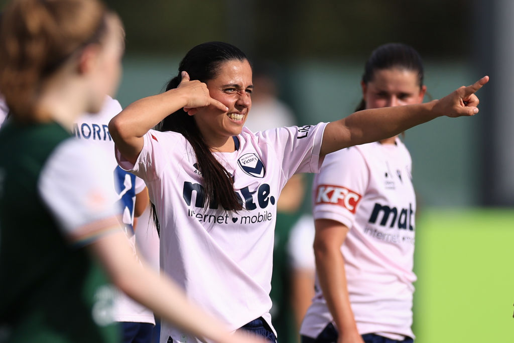CANBERRA, AUSTRALIA - JANUARY 20: Alexandra Chidiac of Victory celebrates a goal during the A-League Women round 13 match between Canberra United and Melbourne Victory at McKellar Park, on January 20, 2024, in Canberra, Australia. (Photo by Mark Evans/Getty Images)