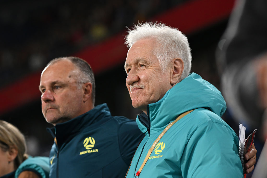 DUISBURG, GERMANY - OCTOBER 28: Tom Sermanni, Interim Head Coach of Australia, looks on prior to the Women's international friendly match between Germany and Australia at Schauinsland-Reisen-Arena on October 28, 2024 in Duisburg, Germany. (Photo by Frederic Scheidemann/Getty Images for Football Australia)