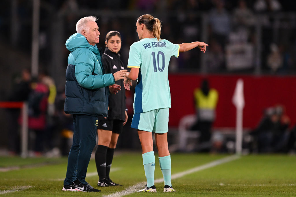 DUISBURG, GERMANY - OCTOBER 28: Emily Van Egmond of Australia speaks with Tom Sermanni, Interim Head Coach of Australia during the Women's international friendly match between Germany and Australia at Schauinsland-Reisen-Arena on October 28, 2024 in Duisburg, Germany. (Photo by Frederic Scheidemann/Getty Images for Football Australia)
