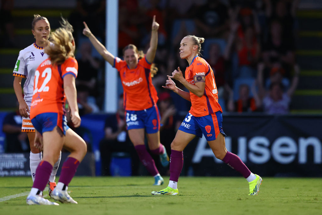 BRISBANE, AUSTRALIA - NOVEMBER 15: Tameka Yallop of the Roar celebrates a goal during the round three A-League Women's match between Brisbane Roar and Perth Glory at Perry Park, on November 15, 2024, in Brisbane, Australia. (Photo by Chris Hyde/Getty Images)