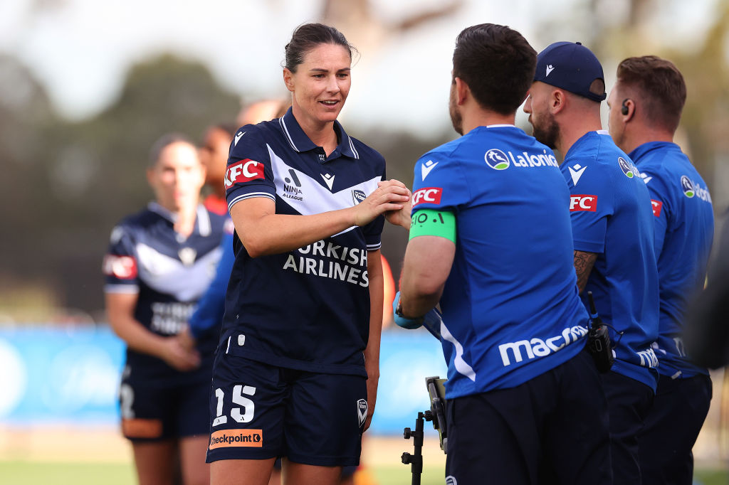 MELBOURNE, AUSTRALIA - NOVEMBER 17: Emily Gielnik of Melbourne Victory reacts during the round three A-League Women's match between Melbourne Victory and Western United at Home of the Matildas, on November 17, 2024, in Melbourne, Australia. (Photo by Kelly Defina/Getty Images)
