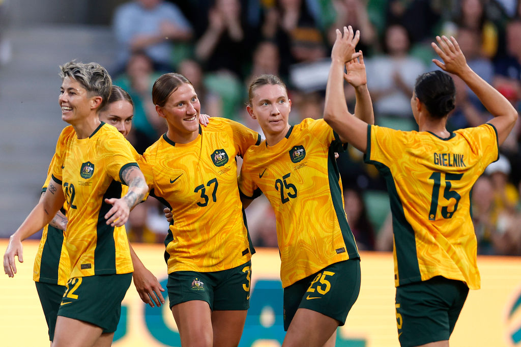 MELBOURNE, AUSTRALIA - DECEMBER 04: Natasha Prior of Australia celebrates with team mates after scoring a goal during the International Friendly match between Australia Matildas and Chinese Taipei at AAMI Park on December 04, 2024 in Melbourne, Australia. (Photo by Daniel Pockett/Getty Images)