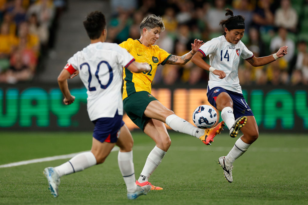MELBOURNE, AUSTRALIA - DECEMBER 04: Michelle Heyman of Australia kicks the ball during the International Friendly match between Australia Matildas and Chinese Taipei at AAMI Park on December 04, 2024 in Melbourne, Australia. (Photo by Daniel Pockett/Getty Images)