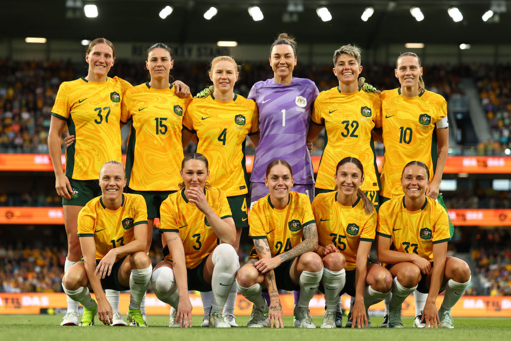 GEELONG, AUSTRALIA - DECEMBER 07: Matildas starting XI pose during the International Friendly Match between the Australia Matildas and Chinese Taipei at GMHBA Stadium on December 07, 2024 in Geelong, Australia. (Photo by Morgan Hancock/Getty Images)