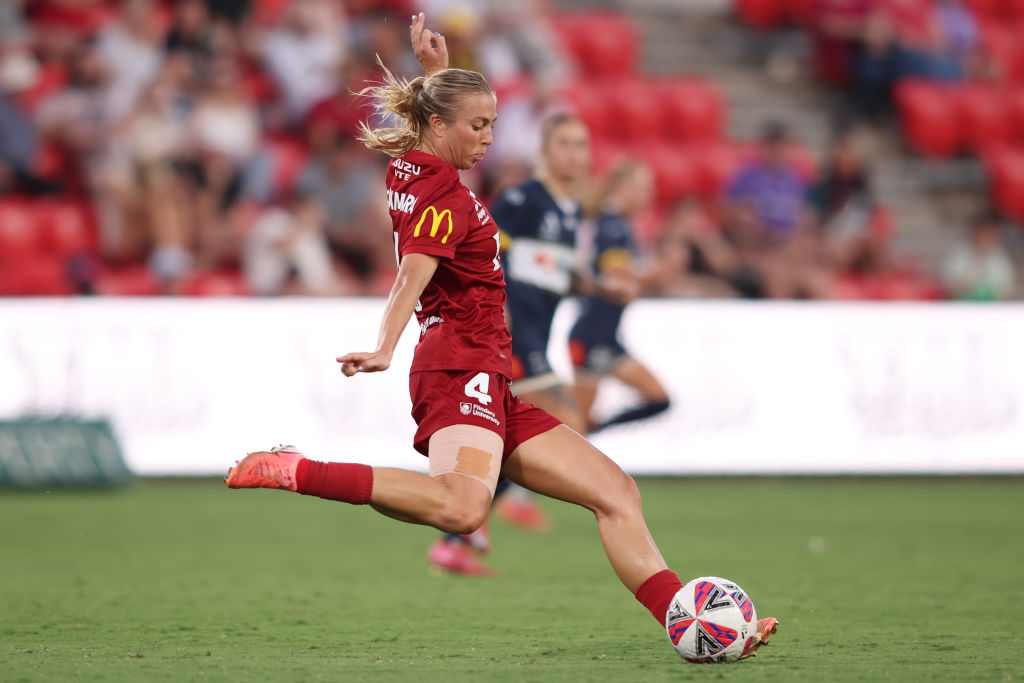 ADELAIDE, AUSTRALIA - MARCH 08: Matilda McNamara of Adelaide United kicks the ball during the round 18 A-League Women's match between Adelaide United and Central Coast Mariners at Coopers Stadium, on March 08, 2025, in Adelaide, Australia. (Photo by Maya Thompson/Getty Images)