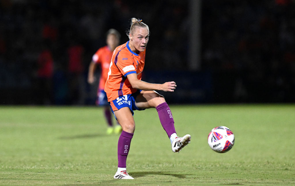 BRISBANE, AUSTRALIA - MARCH 26: Tameka Yallop of the Roar in action during the round 18 A-League Women's match between Brisbane Roar and Melbourne City at Perry Park, on March 26, 2025, in Brisbane, Australia. (Photo by Bradley Kanaris/Getty Images)