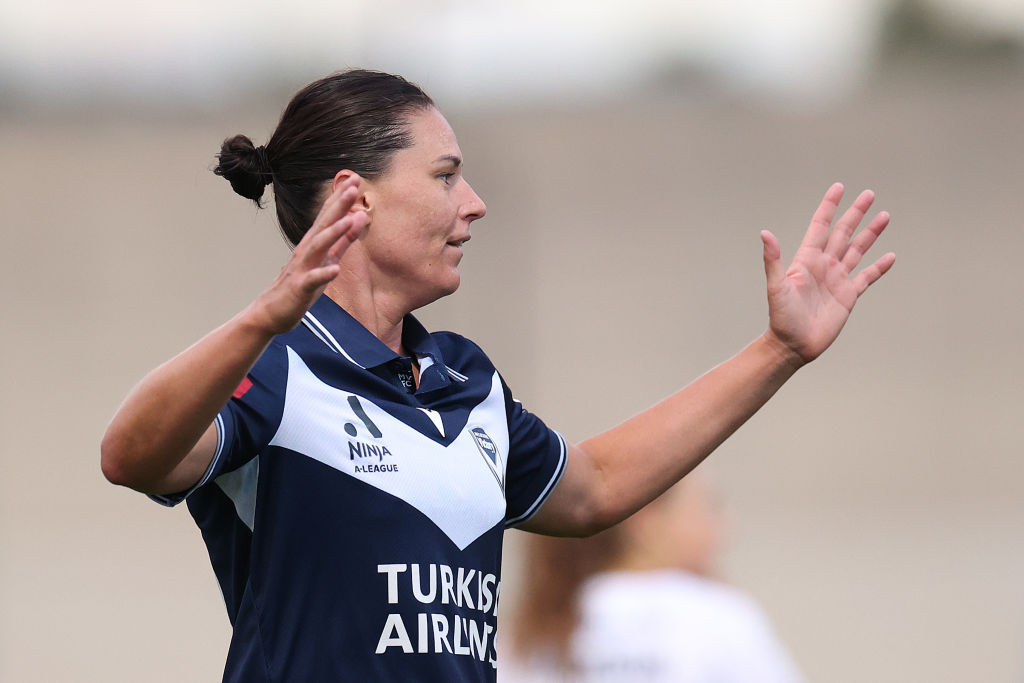 MELBOURNE, AUSTRALIA - MARCH 21: Emily Gielnik of Melbourne Victory reacts during the round 20 A-League Women's match between Melbourne Victory and Newcastle Jets at Home of the Matildas, on March 21, 2025, in Melbourne, Australia. (Photo by Kelly Defina/Getty Images)