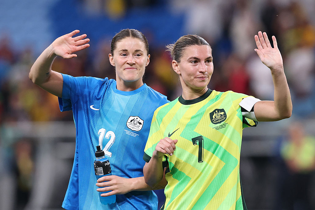 SYDNEY, AUSTRALIA - APRIL 04: Teagan Micah and Steph Catley of Australia wave to fans after winning the International Friendly between Australia Matildas and Korea Republic at Allianz Stadium on April 04, 2025 in Sydney, Australia. (Photo by Cameron Spencer/Getty Images)