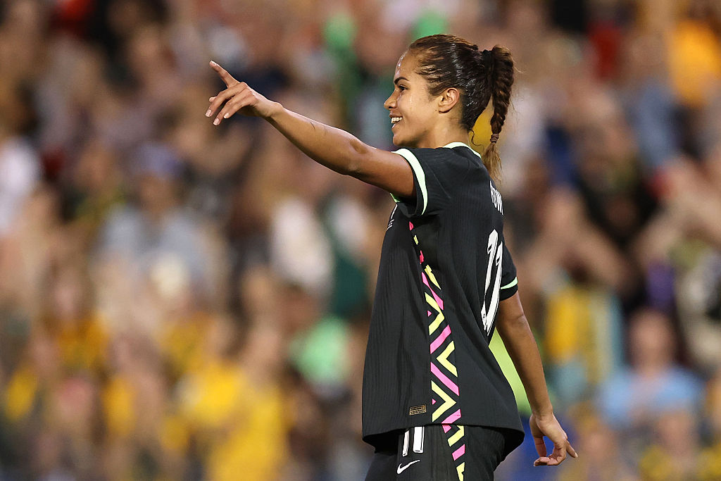 NEWCASTLE, AUSTRALIA - APRIL 07: Mary Fowler of Australia celebrates scoring a goal during the International Friendly match between Australia Matildas and Korea Republic at McDonald Jones Stadium on April 07, 2025 in Newcastle, Australia. (Photo by Cameron Spencer/Getty Images)