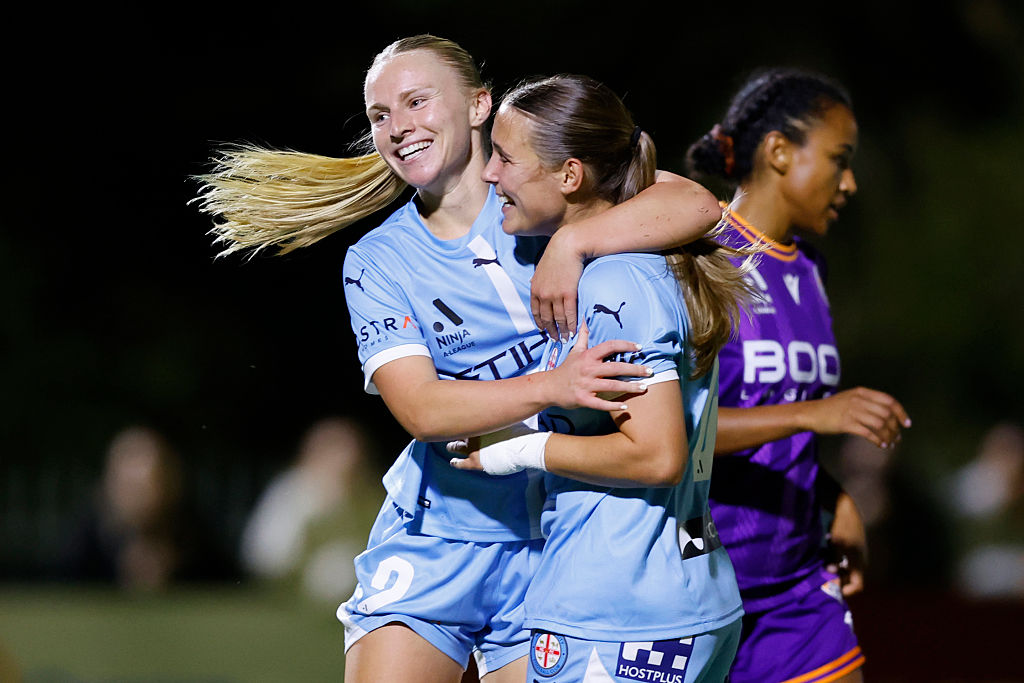 PERTH, AUSTRALIA - APRIL 18: Holly McNamara of Melbourne City celebrates her goal during the round 23 A-League Women's match between Perth Glory and Melbourne City at Sam Kerr Football Centre, on April 18, 2025, in Perth, Australia. (Photo by James Worsfold/Getty Images)