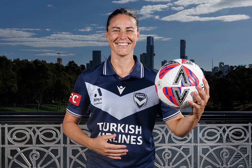 MELBOURNE, AUSTRALIA - APRIL 24: Emily Gielnik of Melbourne Victory poses for a photograph during the A-League Women's Finals Media Opportunity at Morrell Bridge on April 24, 2025 in Melbourne, Australia. (Photo by Daniel Pockett/Getty Images)