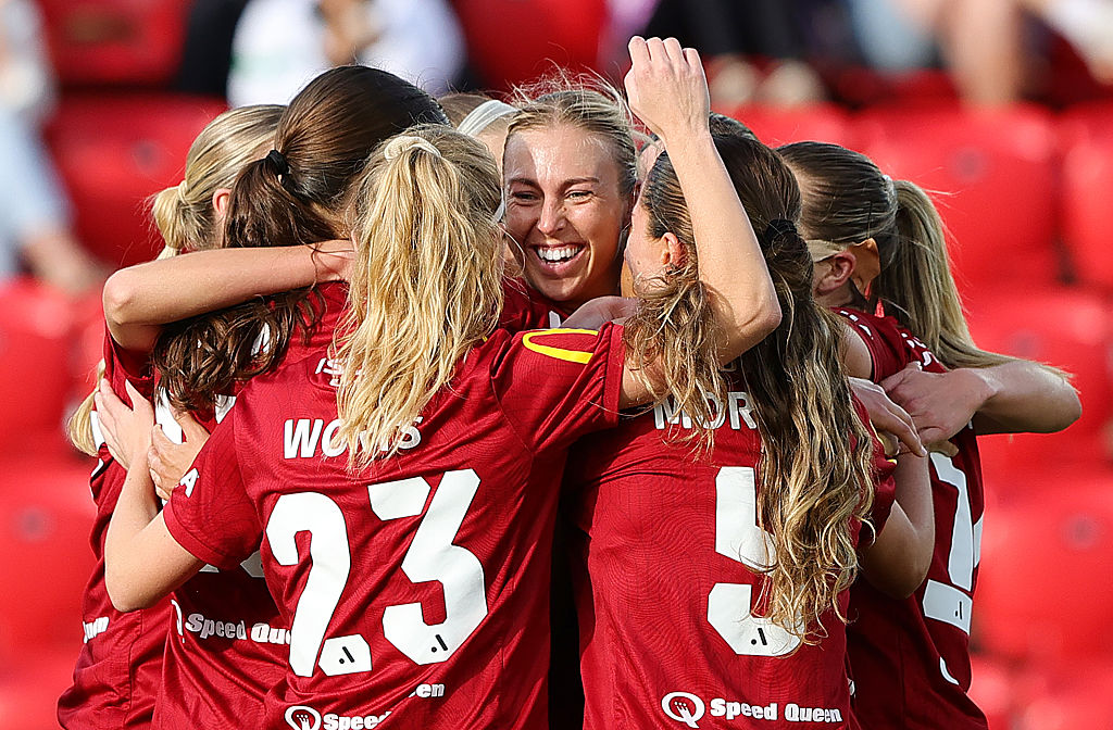ADELAIDE, AUSTRALIA - APRIL 27: Matilda McNamara of Adelaide United celebrates her goal with team mates during the A-League Women's Elimination Final match between Adelaide United and Western United at Coopers Stadium, on April 27, 2025, in Adelaide, Australia. (Photo by Sarah Reed/Getty Images)