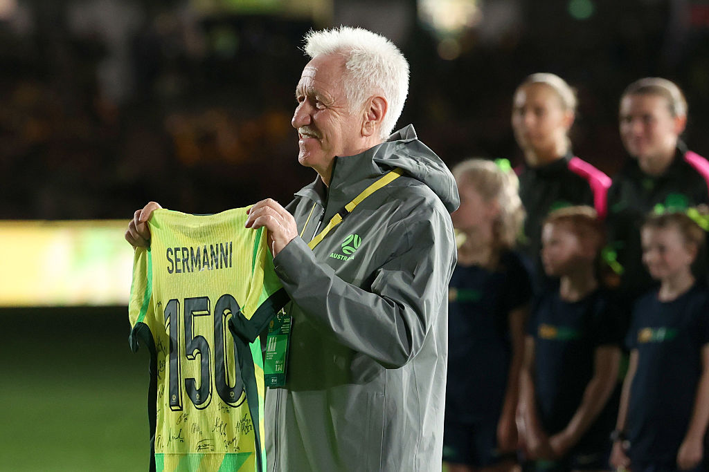 MELBOURNE, AUSTRALIA - MAY 30: Thomas Sermanni, Interim Coach of Australia recieves a presentation ahead of coaching his 150th match during the International Friendly match between Australia Matildas and Argentina at Marvel Stadium on May 30, 2025 in Melbourne, Australia. (Photo by Kelly Defina/Getty Images)
