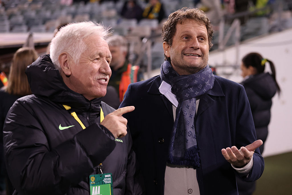 CANBERRA, AUSTRALIA - JUNE 02: Joe Montemurro (R), new Matildas Head Coach talks to current coach Tom Sermanni during the International Friendly match between Australia Matildas and Argentina at GIO Stadium on June 02, 2025 in Canberra, Australia. (Photo by Matt King/Getty Images)