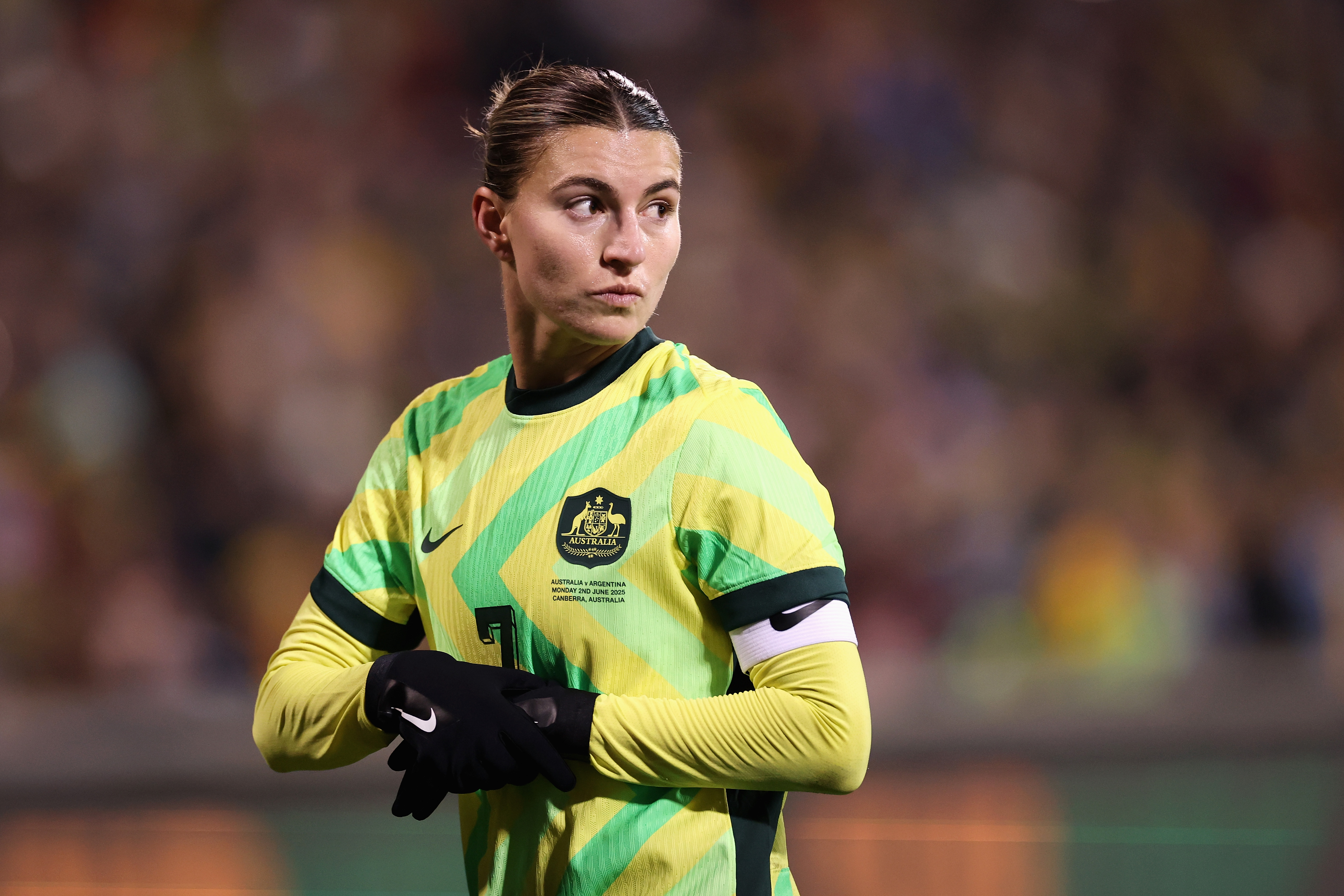Steph Catley of the Matildas looks on during the International Friendly match between Australia Matildas and Argentina at GIO Stadium on June 02, 2025 in Canberra, Australia. (Photo by Cameron Spencer/Getty Images)
