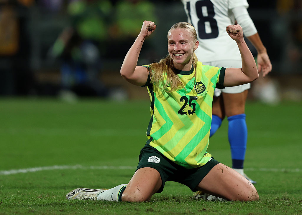 PERTH, AUSTRALIA - JUNE 26: Holly McNamara of the Matildas celebrates a goal during the International Friendly match between Australia Matildas and Slovenia at HBF Park on June 26, 2025 in Perth, Australia. (Photo by Janelle St Pierre/Getty Images)