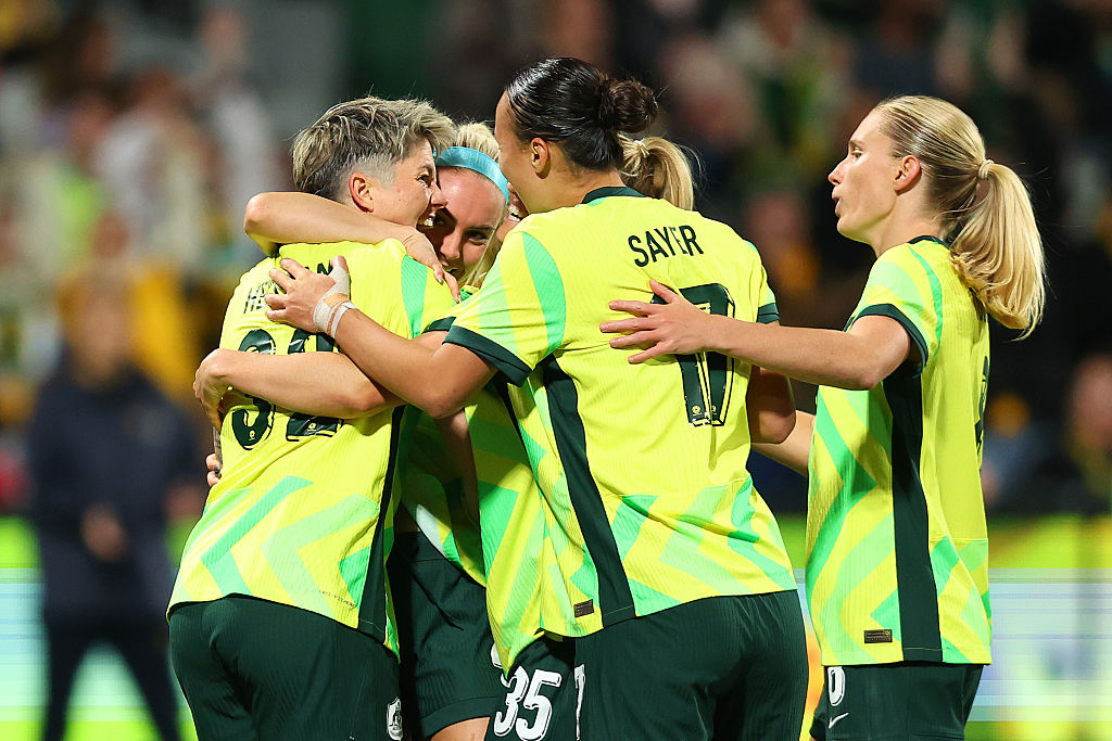 PERTH, AUSTRALIA - JUNE 29: Michelle Heyman of Australia celebrates with teammates after scoring the teams first goal during the International Friendly match between Australia Matildas and Slovenia at HBF Park on June 29, 2025 in Perth, Australia. (Photo by Paul Kane/Getty Images)