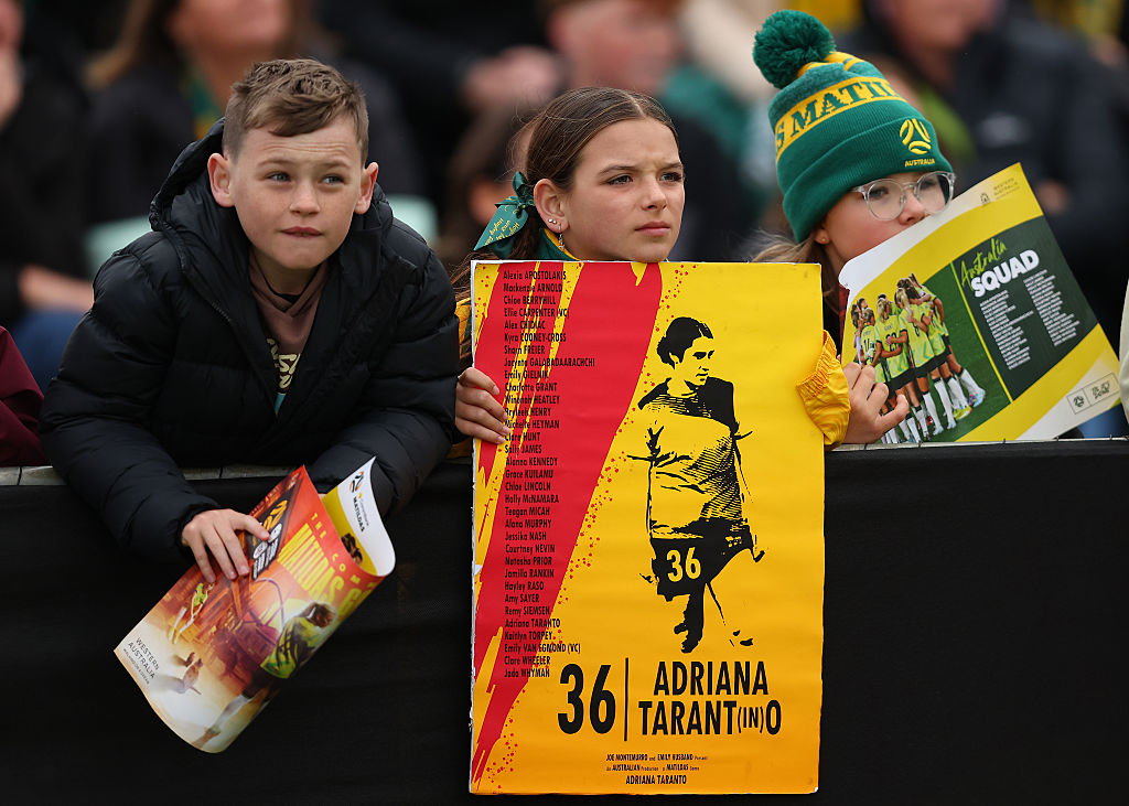 BUNBURY, AUSTRALIA - JULY 05: Spectators show their support during the International Friendly match between the Australia Matildas and Panama at Hands Oval on July 05, 2025 in Bunbury, Australia. (Photo by Paul Kane/Getty Images)