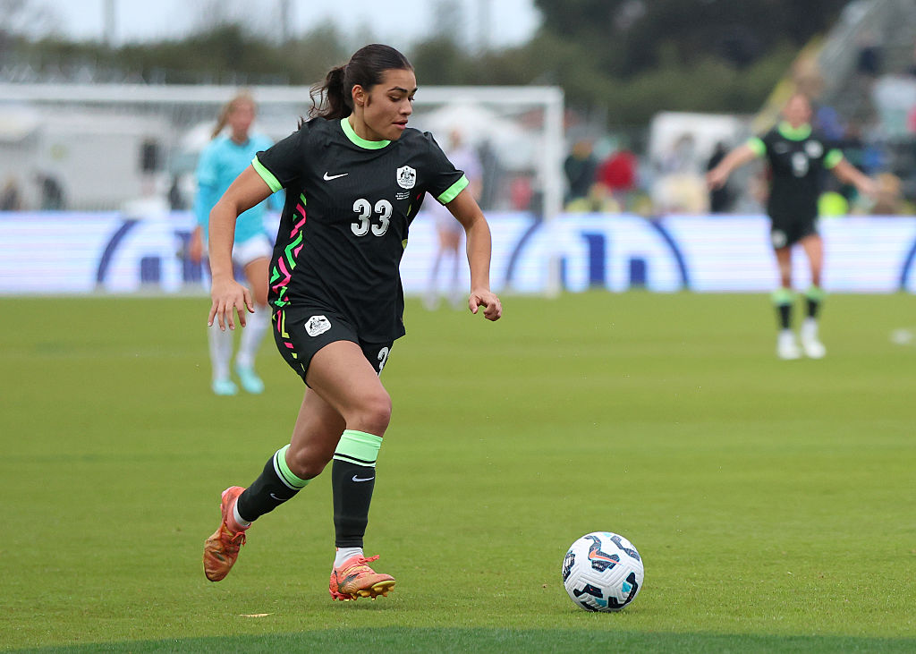 BUNBURY, AUSTRALIA - JULY 05: Grace Kuilamu of the Matildas in action during the International Friendly match between Australia Matildas and Panama at Hands Oval on July 05, 2025 in Bunbury, Australia. (Photo by Janelle St Pierre/Getty Images)