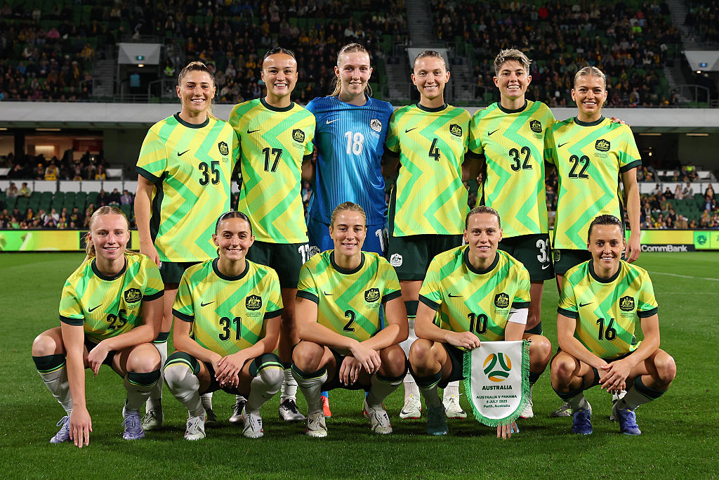 PERTH, AUSTRALIA - JULY 08: The Australian starting eleven pose during the International Friendly match between the Australia Matildas and Panama at HBF Park on July 08, 2025 in Perth, Australia. (Photo by Paul Kane/Getty Images)