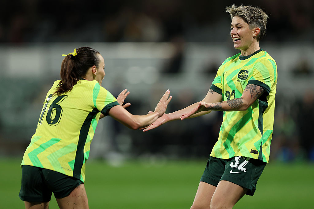 PERTH, AUSTRALIA - JULY 08: Michelle Heyman of the Matildas celebrates a goal during the International Friendly match between Australia Matildas and Panama at HBF Park on July 08, 2025 in Perth, Australia. (Photo by Janelle St Pierre/Getty Images)