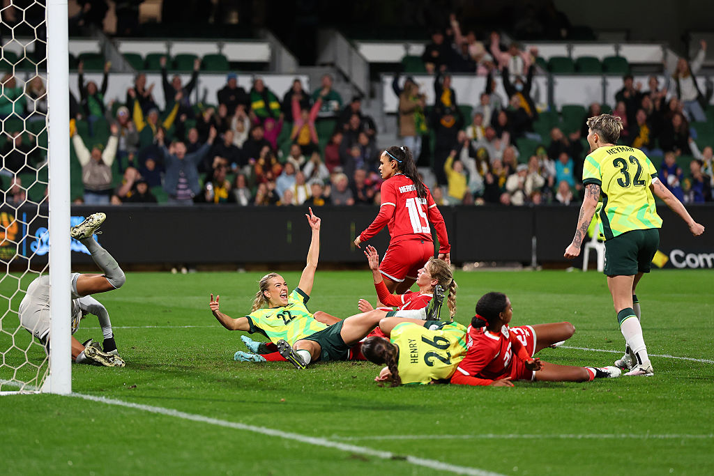 PERTH, AUSTRALIA - JULY 08: Charlotte Grant of Australia celebrates a goal during the International Friendly match between the Australia Matildas and Panama at HBF Park on July 08, 2025 in Perth, Australia. (Photo by Paul Kane/Getty Images)