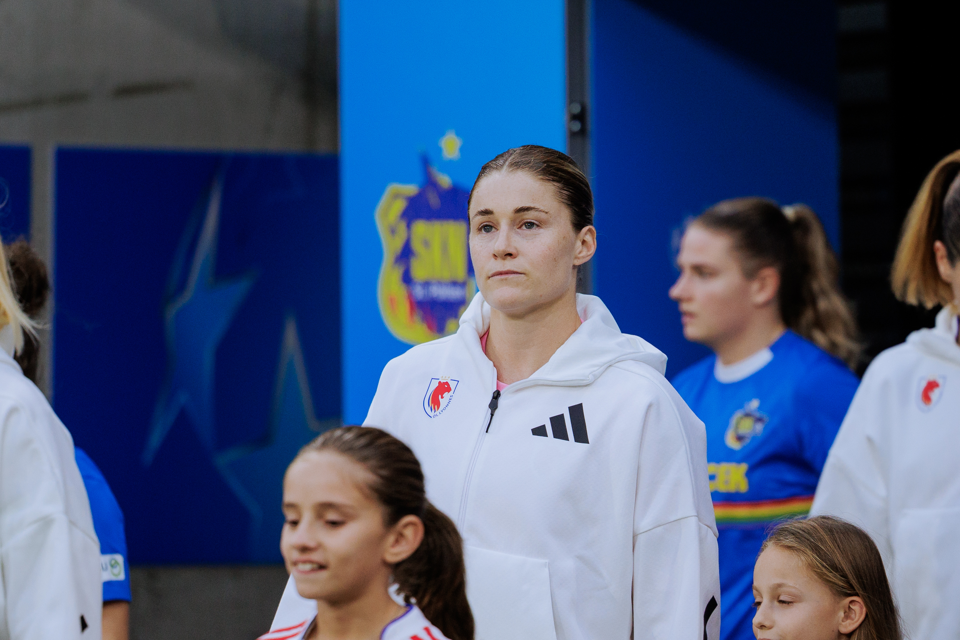 Goalkeeper Teagan Micah of OL Lyonnes enters the pitch during the UEFA Women's Champions League 2025/26 league phase match between OL Lyonnes and SKN St.Pöltenat on October 15, 2025 in Decines-Charpieu, France. (Photo by Pauline Figuet/Getty Images)