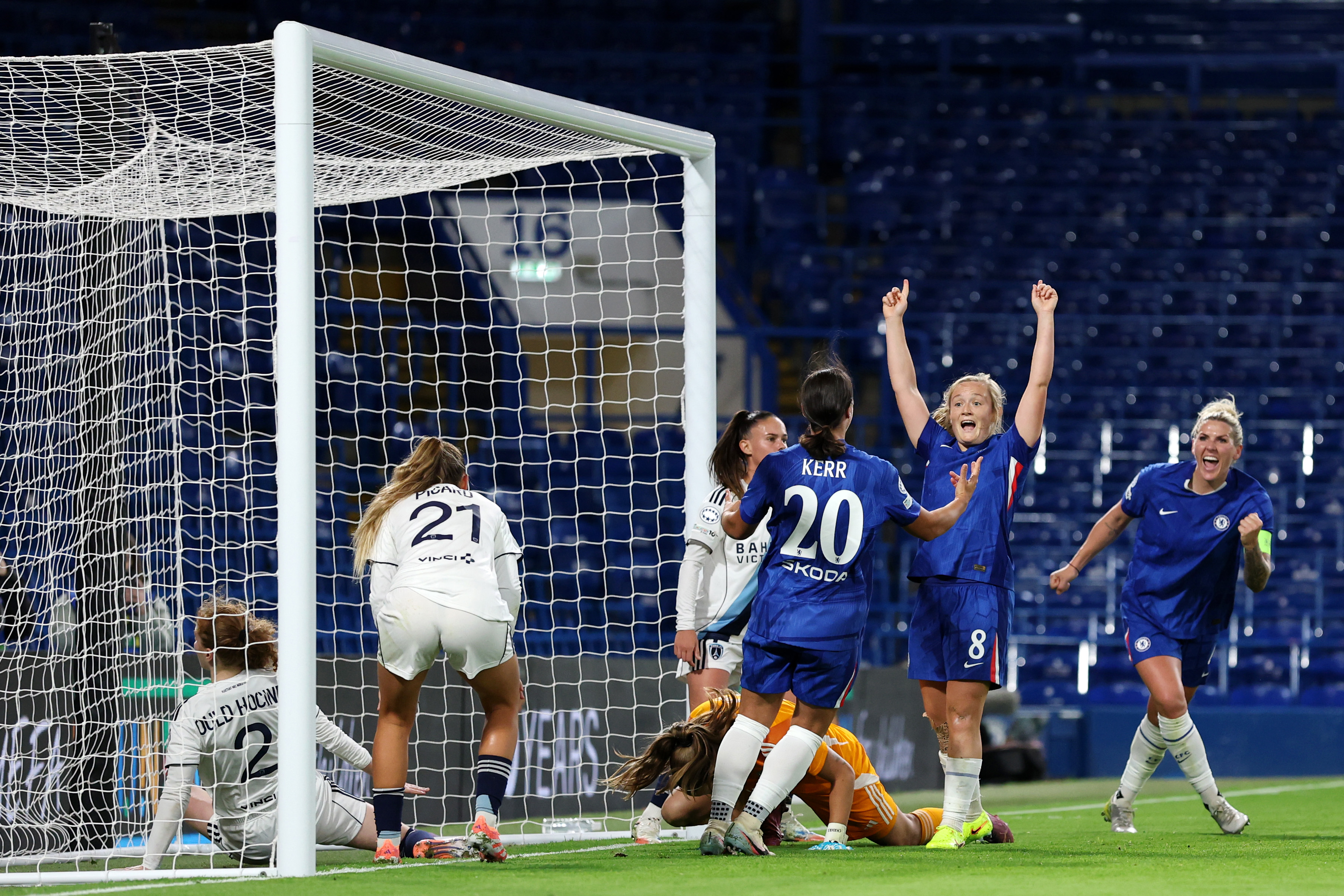 Erin Cuthbert of Chelsea scores her team's fourth goal during the UEFA Women's Champions League 2025/26 league phase match between Chelsea FC Women and Paris FC at Stamford Bridge on October 15, 2025 in London, England. (Photo by Justin Setterfield/Getty Images)