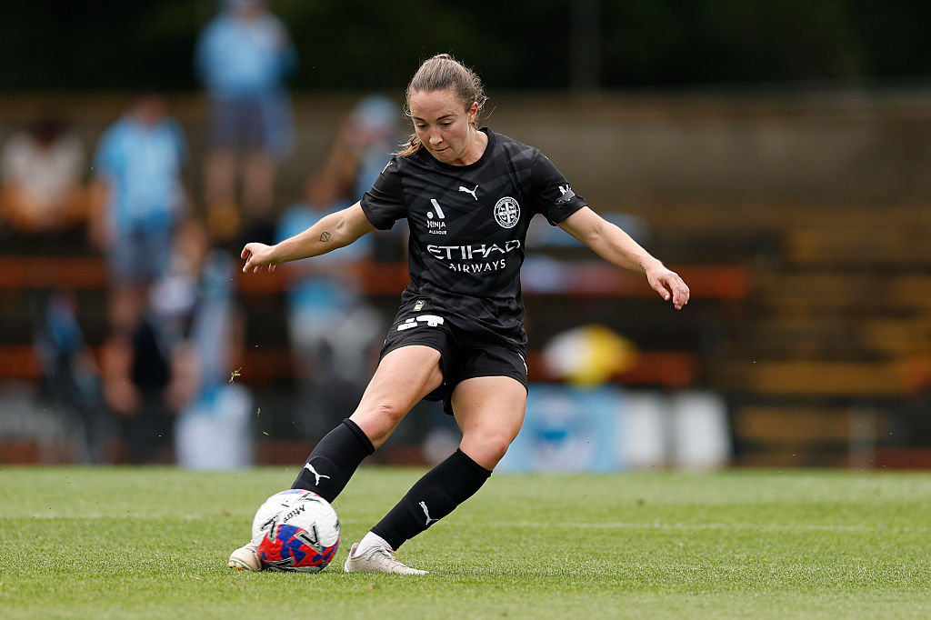 SYDNEY, AUSTRALIA - NOVEMBER 01: Laura Hughes of Melbourne City kicks the ball during the round one A-League Women match between Sydney FC and Melbourne City at Leichhardt Oval, on November 01, 2025, in Sydney, Australia. (Photo by Darrian Traynor/Getty Images)