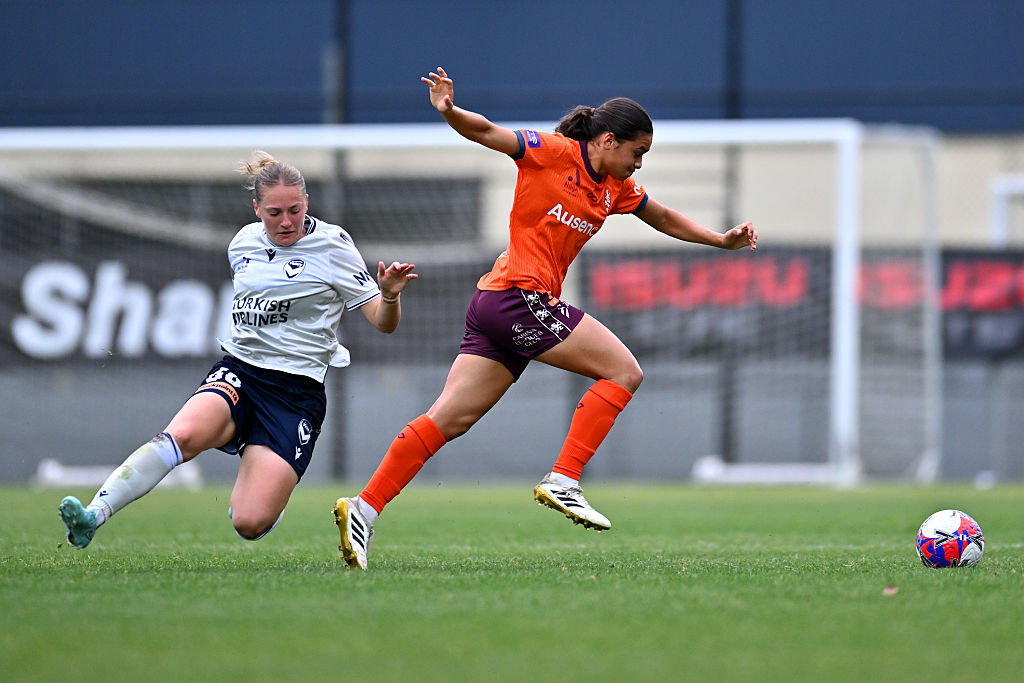BRISBANE, AUSTRALIA - NOVEMBER 01: Grace Kuilamu of Brisbane competes during the round one A-League Women match between Brisbane Roar and Melbourne Victory at Spencer Park, on November 01, 2025, in Brisbane, Australia. (Photo by Albert Perez/Getty Images)