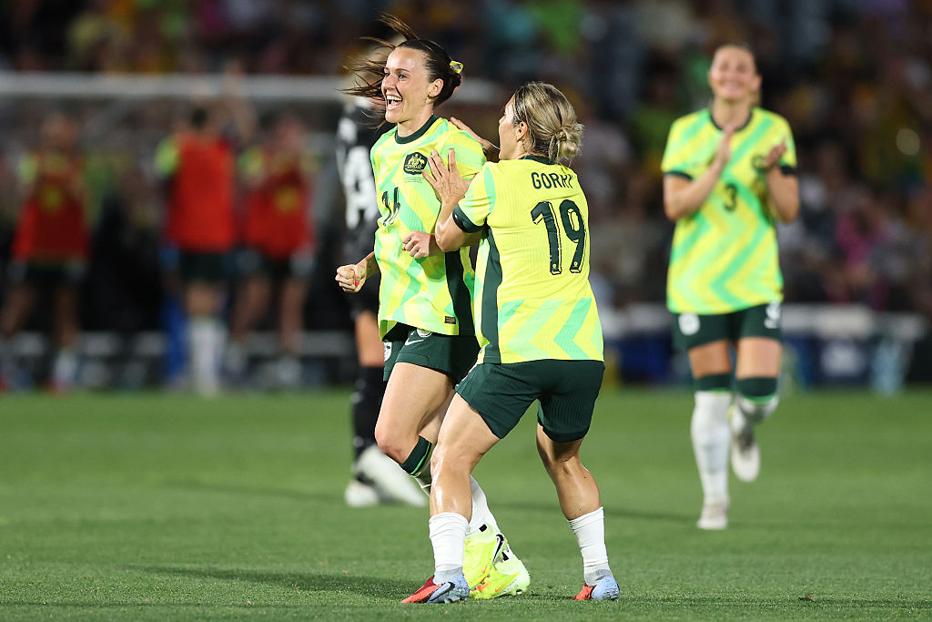 GOSFORD, AUSTRALIA - NOVEMBER 28: Hayley Raso of Australia celebrates a goal with Katrina Gorry of Australia during the International Friendly match between Australia Matildas and New Zealand Football Ferns at Polytec Stadium on November 28, 2025 in Gosford, Australia. (Photo by Scott Gardiner/Getty Images)