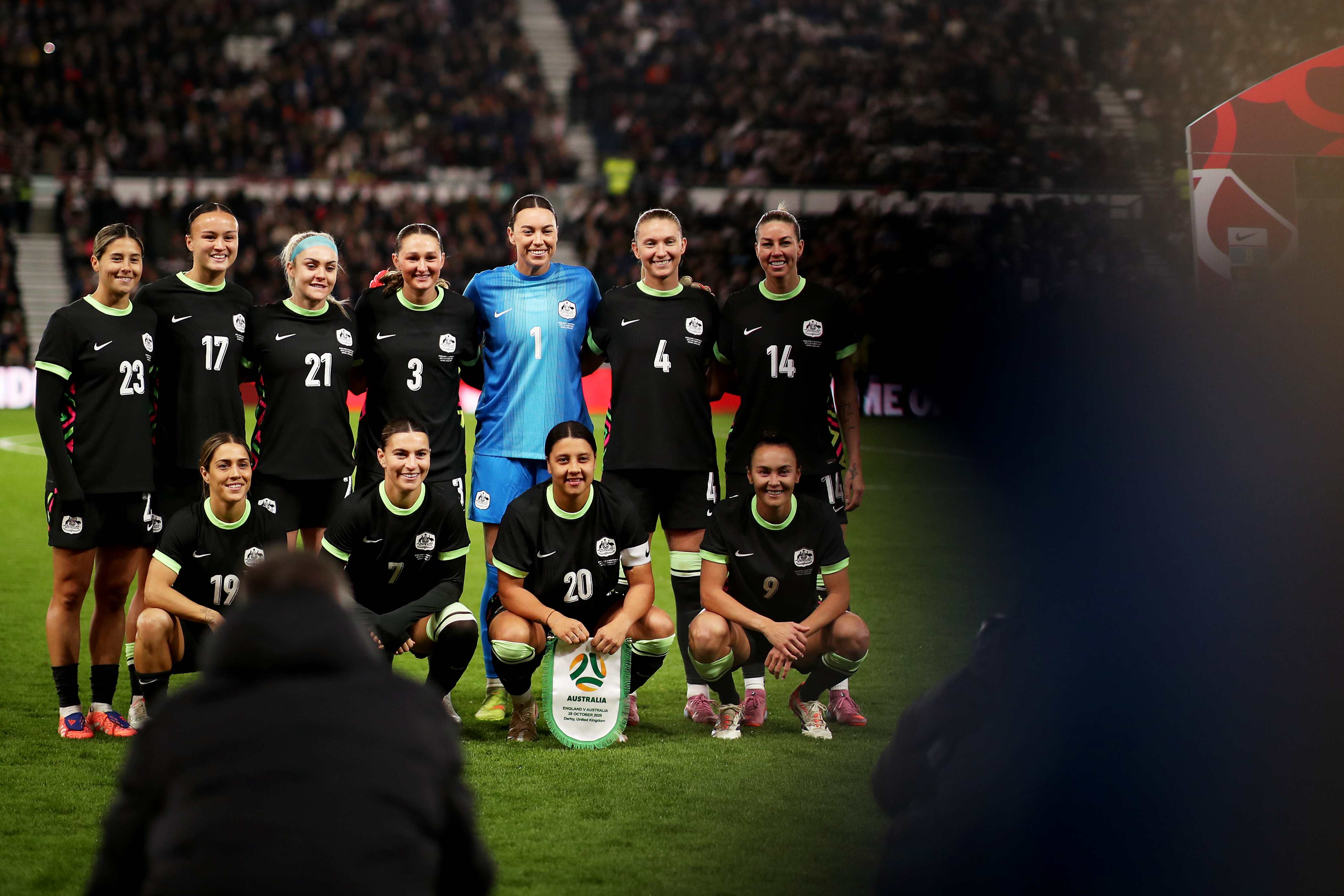 The CommBank Matildas Starting XI against England at Pride Park Stadium, Derby. (Photo: Jack Thomas/Football Australia)