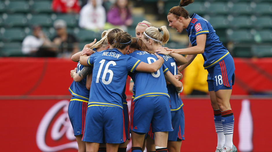 Sweden celebrate their first-goal against the Matildas.