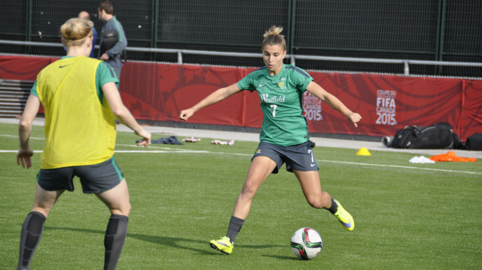 Steph Catley on the ball during a drill.