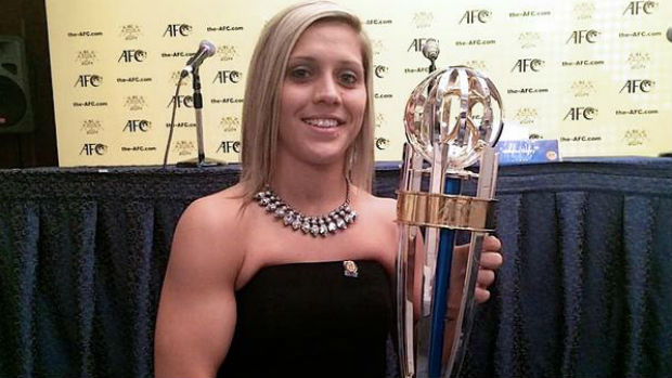 Katrina Lee Gorry with her AFC Women’s Player of the Year trophy.