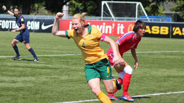 Clare Polkinghorne celebrates opening the scoring for the Westfield Matildas against DPR Korea.