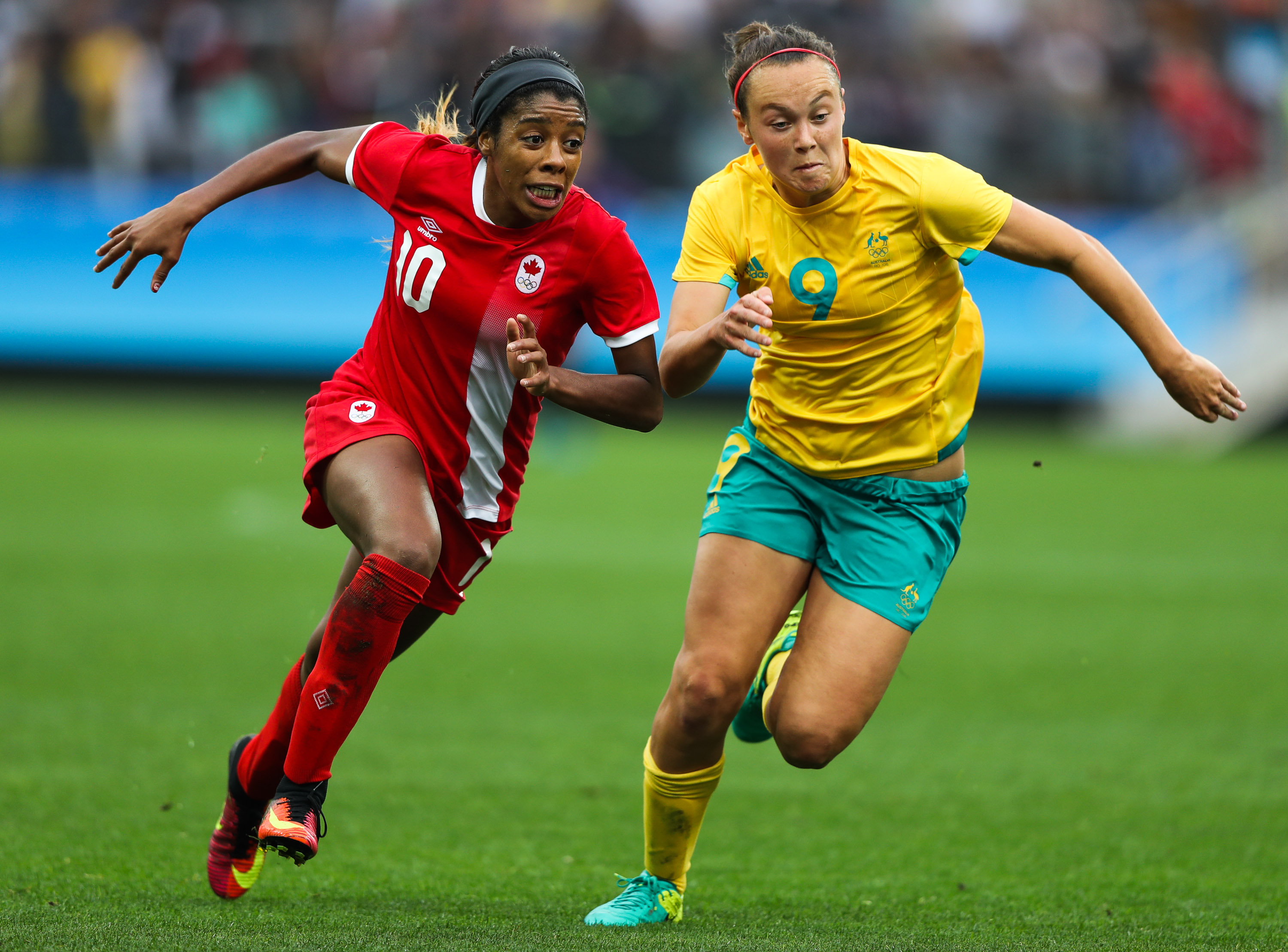 Caitlin Foord races free of her marker to get to the ball first.
